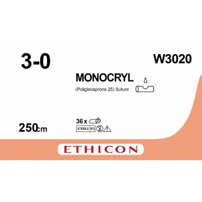 Ethicon MONOCRYL Poliglecaprone 25 Absorbable Monofilament Surgical Suture – USP 3 - 0 – 250 cm – Violet – Needleless (0× Needle) – W3020 (Box of 10) Size: 3 - 0 Colour: Violet Style: NA - W3020