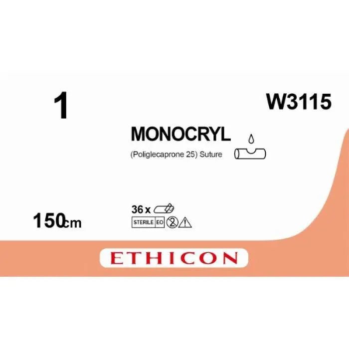 Ethicon MONOCRYL Poliglecaprone 25 Absorbable Monofilament Surgical Suture – USP 1 – 150 cm – Violet – Needleless (0× Needle) – W3115 (Box of 12) Size: 1 Colour: Violet Style: NA - W3115
