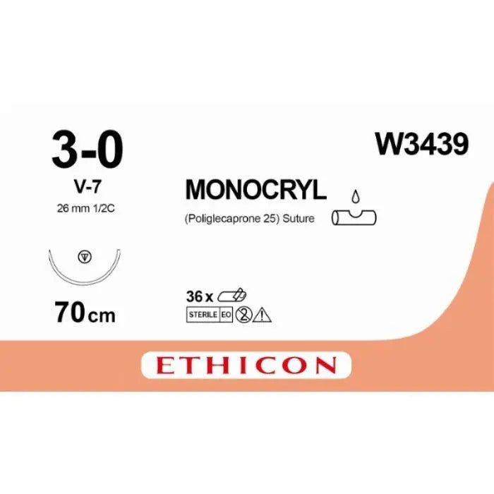 Ethicon MONOCRYL Poliglecaprone 25 Absorbable Monofilament Surgical Suture – USP 3 - 0 – 70 cm – Undyed – Single - Armed Tapercut Needle 26 mm – 1/2 Circle – W3439 (Box of 12) Size: 3 - 0 Colour: Undyed Style: non cutting - W3439