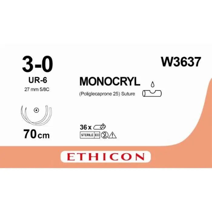 Ethicon MONOCRYL Poliglecaprone 25 Absorbable Monofilament Surgical Suture – USP 3 - 0 – 70 cm – Violet – Double - Armed Taperpoint Needles 26 mm – 5/8 Circle – W3637 (Box of 12) Size: 3 - 0 Colour: Violet Style: non cutting - W3637