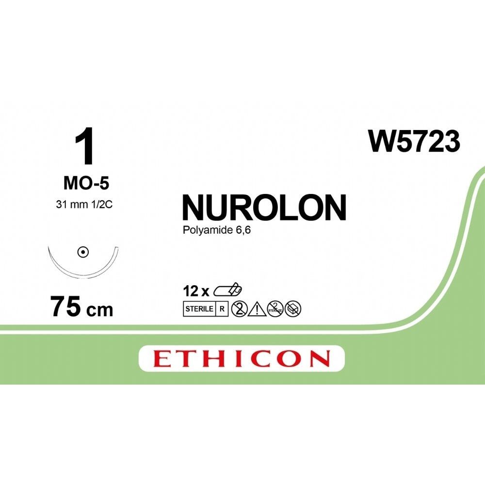 Ethicon NUROLON Braided Nylon Non - Absorbable Surgical Suture USP 1 75 cm Black Taper Point Needle (31 mm, 1/2 Circle) W5723 (Box of 12) - W5723
