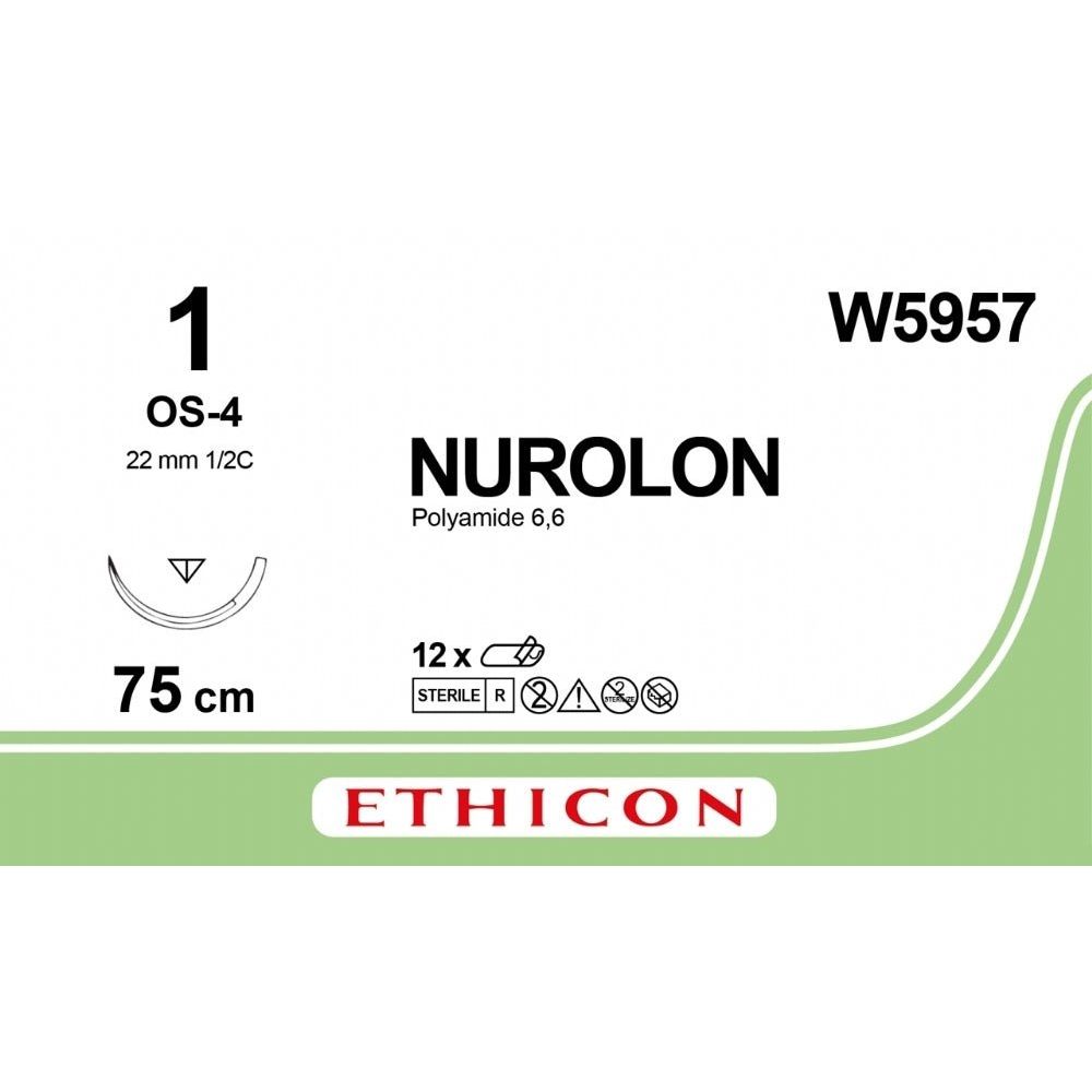 Ethicon NUROLON Braided Nylon Non - Absorbable Surgical Suture USP 1 75 cm Black Reverse Cutting Needle (22 mm, 1/2 Circle) W5957 (Box of 12) - W5957