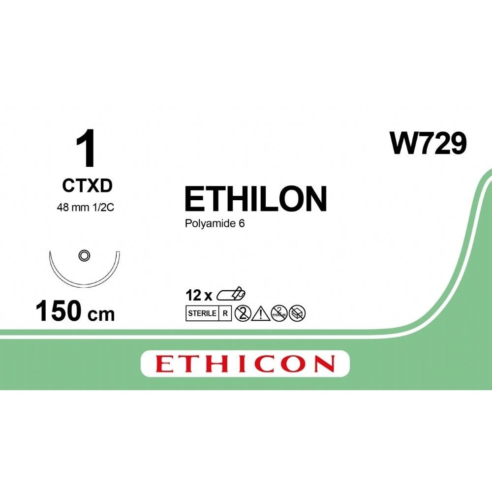 Ethicon ETHILON Black Monofilament Non - Absorbable Surgical Suture USP 1 60 in (150 cm) Black CTXD Loop Taper Point Needle 48 mm 1/2 Circle W729 (Box of 12) - W729