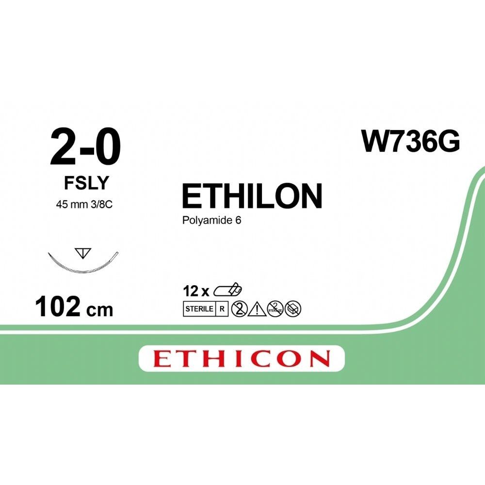 Ethicon ETHILON Black Monofilament Non - Absorbable Surgical Suture USP 2 - 0 40 in (100 cm) Black FSLY Reverse Cutting Needle 26 mm 3/8 Circle W736G (Box of 12) - W736G