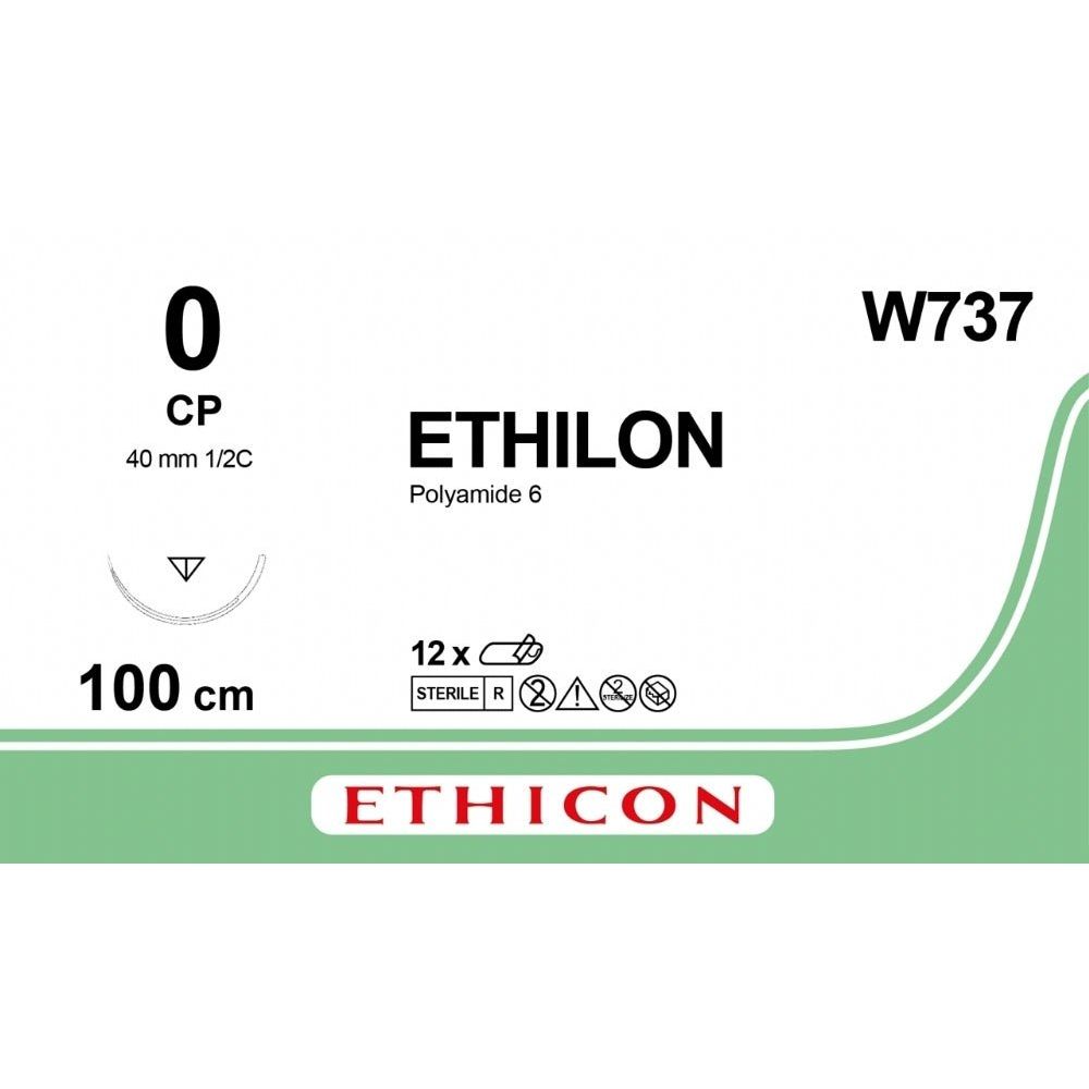 Ethicon ETHILON Black Monofilament Non - Absorbable Surgical Suture USP 0 40 in (100 cm) Black CP Taper Point Needle 36 mm 1/2 Circle W737 (Box of 12) - W737