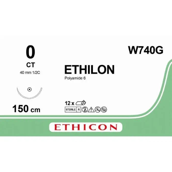 Ethicon ETHILON Black Monofilament Non - Absorbable Surgical Suture USP 0 60 in (150 cm) Black CT Taper Point Needle 48 mm 1/2 Circle W740G (Box of 12) - W740G