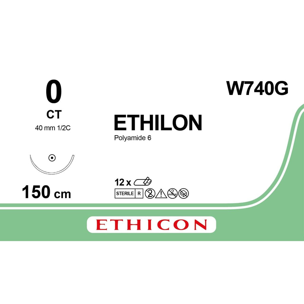 Ethicon ETHILON™ Black Monofilament Non - Absorbable Surgical Suture – USP 0 – 60 in (150 cm) – Black – CT Taper Point Needle 48 mm – 1/2 Circle – W740G (Box of 12) - SutureW740G