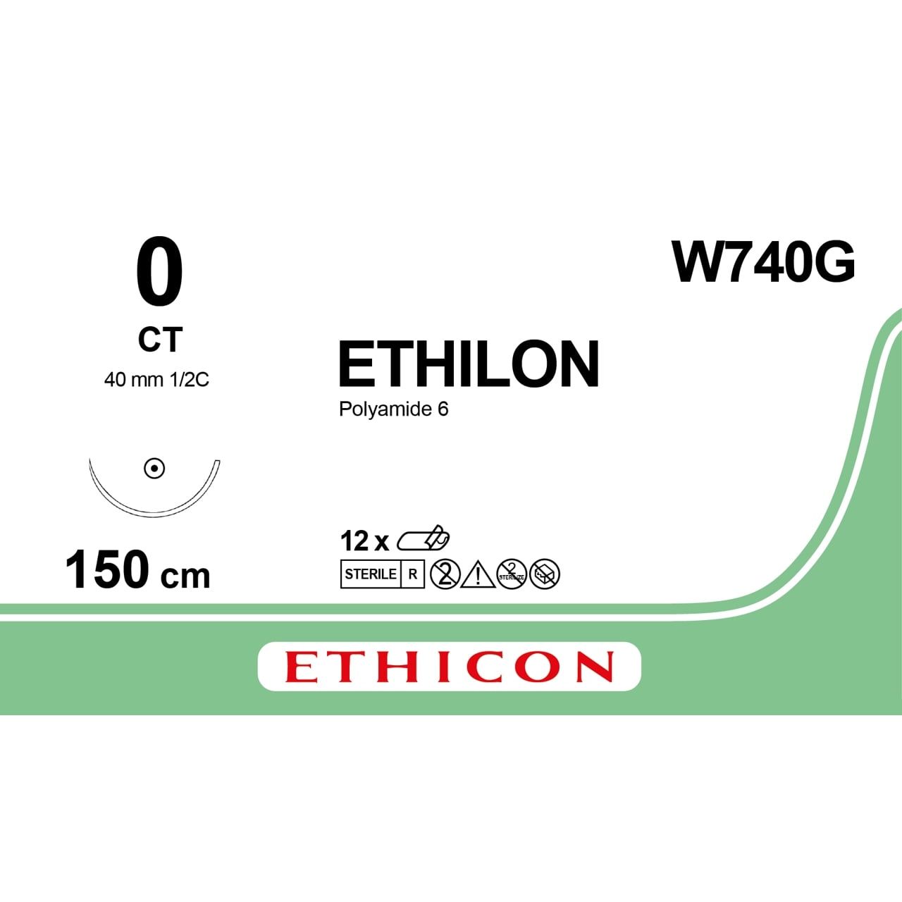 Ethicon ETHILON™ Black Monofilament Non - Absorbable Surgical Suture – USP 0 – 60 in (150 cm) – Black – CT Taper Point Needle 48 mm – 1/2 Circle – W740G (Box of 12) - SutureW740G