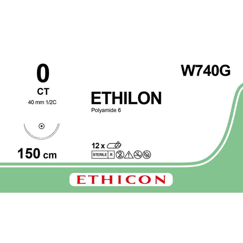 Ethicon ETHILON™ Black Monofilament Non - Absorbable Surgical Suture – USP 0 – 60 in (150 cm) – Black – CT Taper Point Needle 48 mm – 1/2 Circle – W740G (Box of 12) - SutureW740G