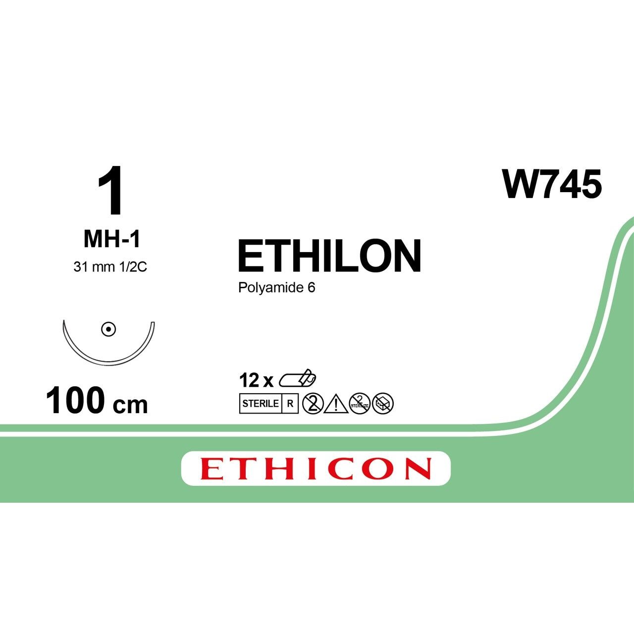 Ethicon ETHILON Black Monofilament Non - Absorbable Surgical Suture USP 1 40 in (100 cm) Black MH - 1 Taper Point Needle 36 mm 1/2 Circle W745 (Box of 12) - W745