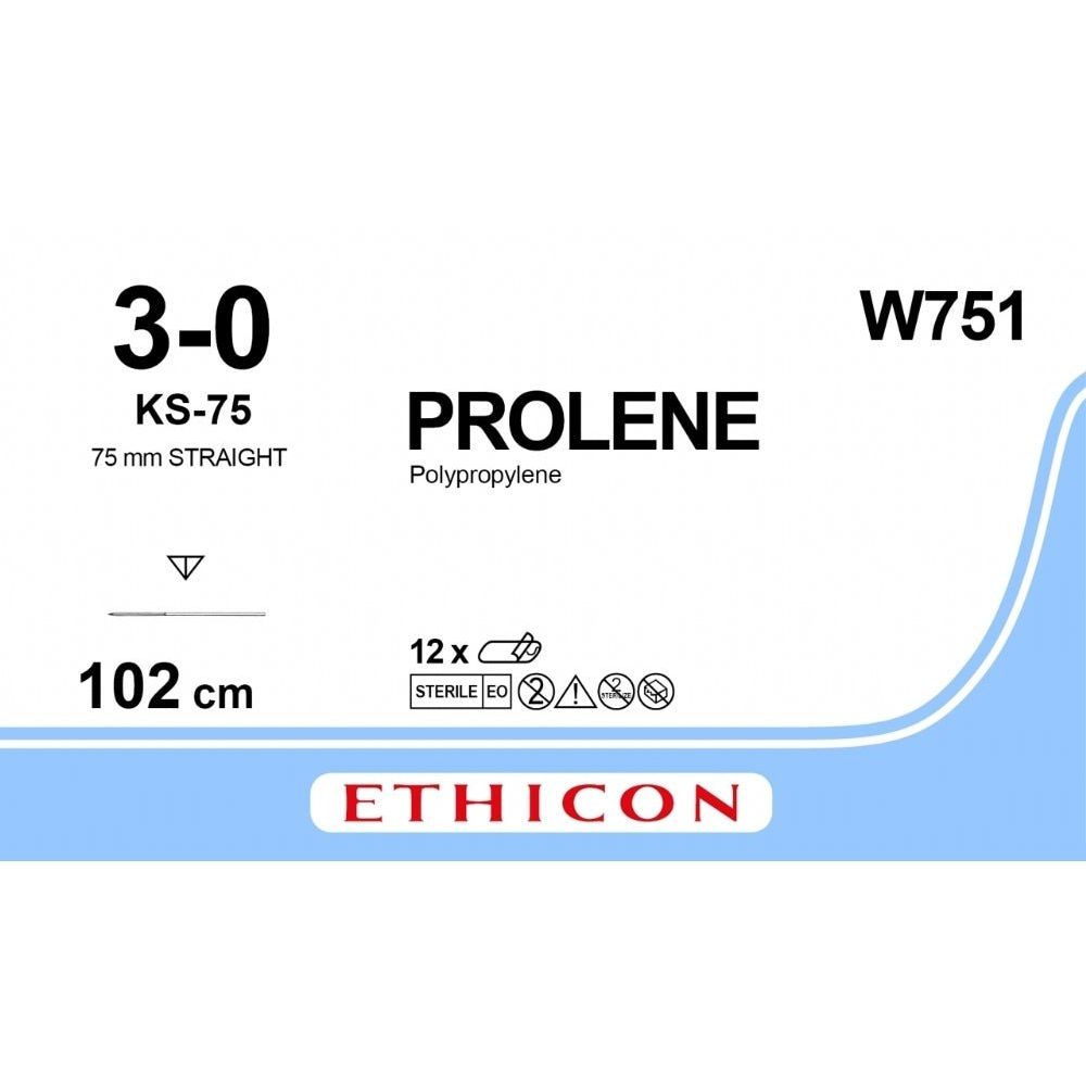 Ethicon PROLENE Polypropylene Blue Non - Absorbable Surgical Suture USP 3 - 0 100 cm KS - 75 Needle W751 (Box of 12) - W751