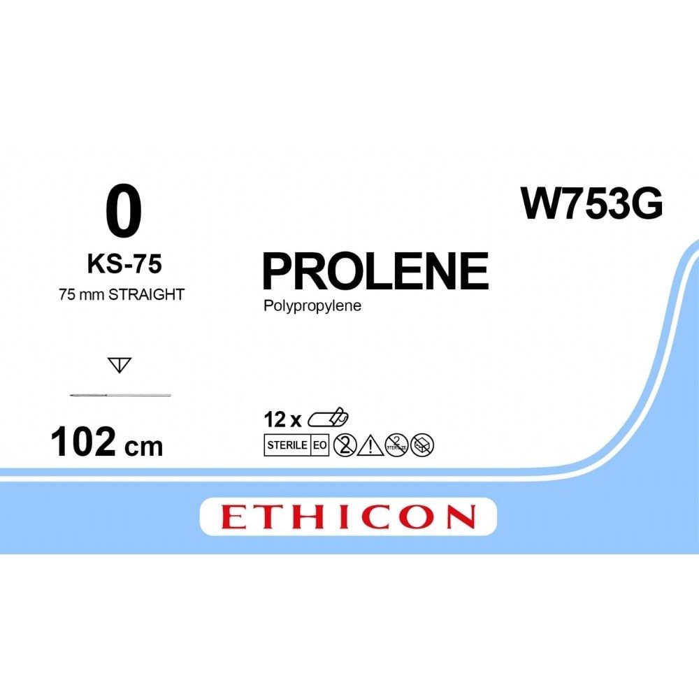 Ethicon PROLENE Polypropylene Blue Non - Absorbable Surgical Suture USP 0 100 cm KS - 75 Reverse Cutting Needle (75 mm) W753G (Box of 12) - W753G