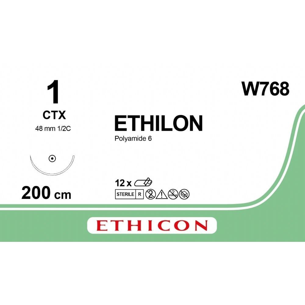 Ethicon ETHILON Black Monofilament Non - Absorbable Surgical Suture USP 1 79 in (200 cm) Black CTX Loop Taper Point Needle 48 mm 1/2 Circle W768 (Box of 12) - W768