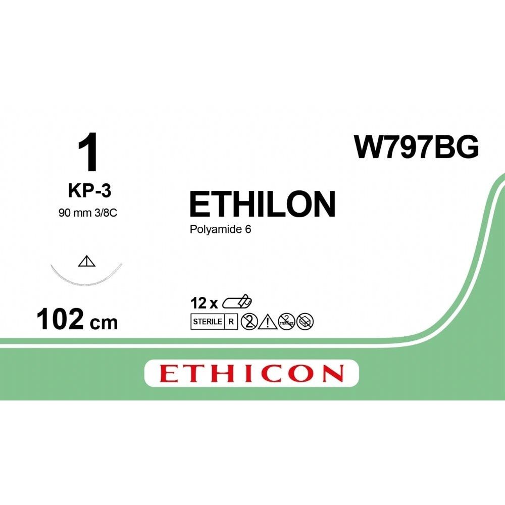 Ethicon ETHILON Black Monofilament Non - Absorbable Surgical Suture USP 1 40 in (100 cm) Black KP - 3 Conventional Cutting Needle 36 40 mm 3/8 Circle W797BG (Box of 12) - W797BG