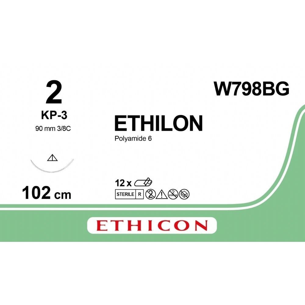 Ethicon ETHILON Black Monofilament Non - Absorbable Surgical Suture USP 2 40 in (100 cm) Black KP - 3 Conventional Cutting Needle 36 40 mm 3/8 Circle W798BG (Box of 12) - W798BG