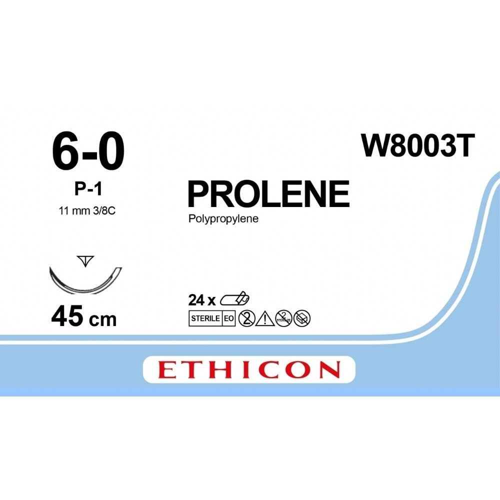 Ethicon PROLENE Polypropylene Blue Non - Absorbable Surgical Suture USP 6 - 0 45 cm P - 1 PRIME Reverse Cutting Needle W8003T (Box of 24) - W8003T