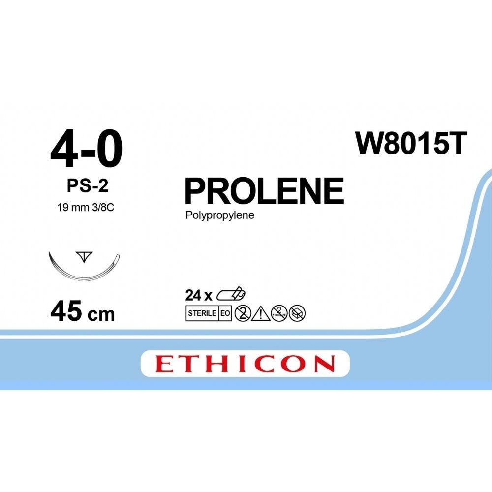 Ethicon PROLENE Polypropylene Blue Non - Absorbable Surgical Suture USP 4 - 0 45 cm PS - 2 PRIME Reverse Cutting Needle W8015T (Box of 24) - W8015T