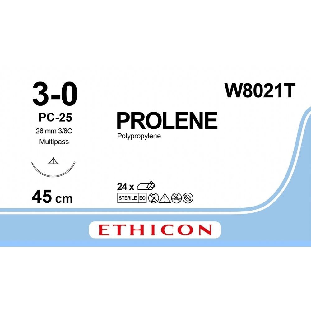Ethicon PROLENE Polypropylene Blue Non - Absorbable Surgical Suture USP 3 - 0 45 cm PC - 26 Conventional Cutting Needle W8021T (Box of 24) - W8021T