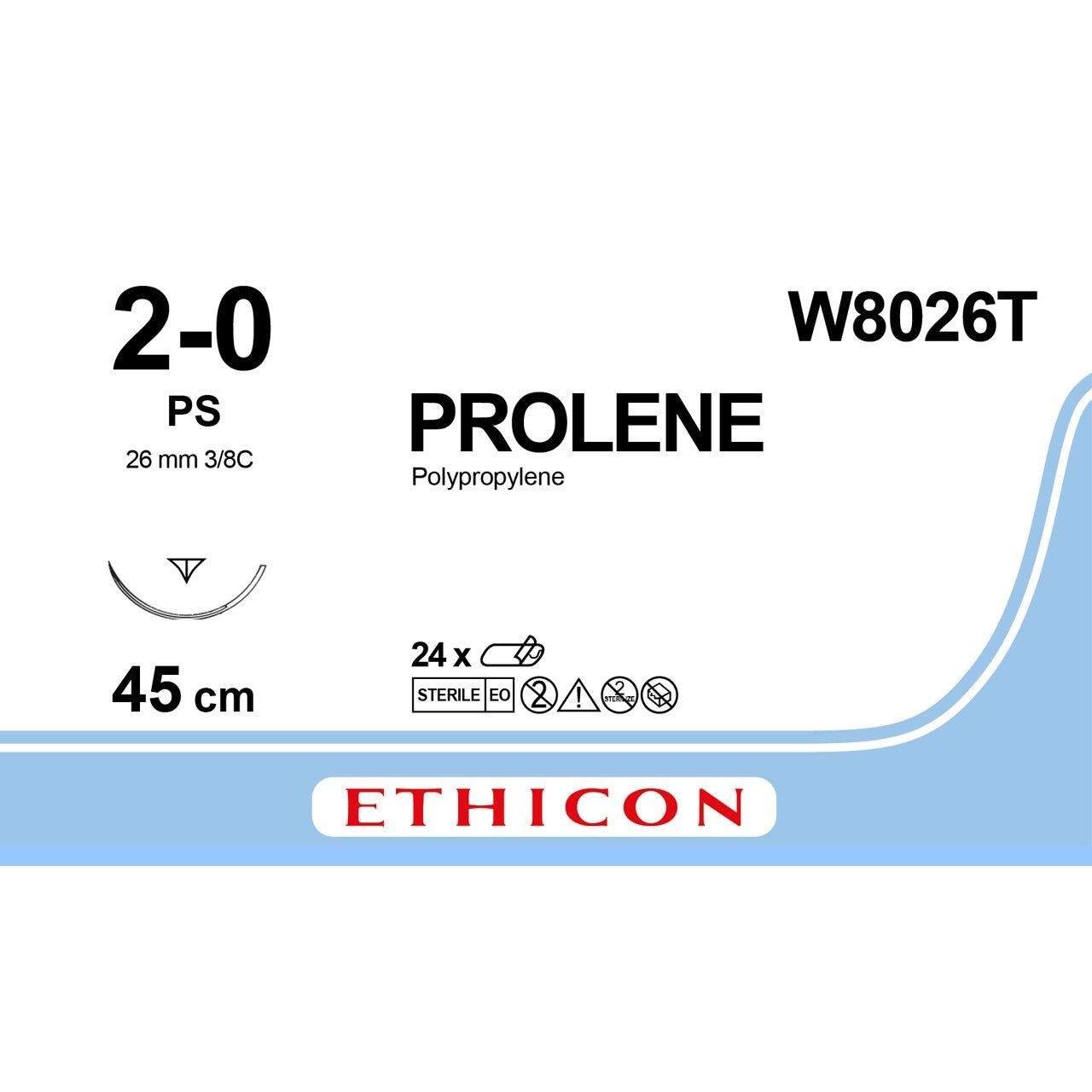 Ethicon PROLENE Polypropylene Blue Non - Absorbable Surgical Suture – USP 2 - 0 – 45 cm – PS PRIME™ Reverse Cutting Needle (26 mm) – W8026T (Box of 24) - SutureW8026T