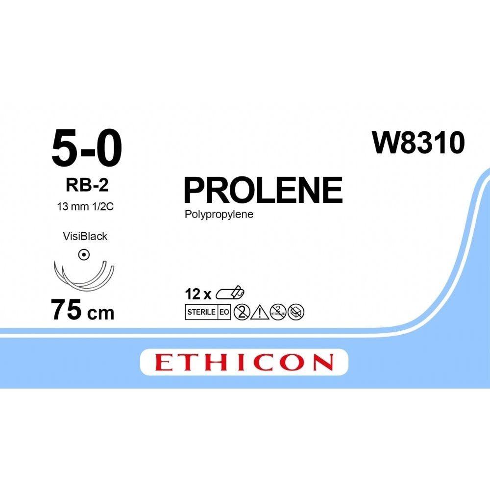Ethicon PROLENE Polypropylene Blue Non - Absorbable Veterinary Surgical Suture USP 5 - 0 75 cm Double - Armed RB - 2 VB VISIBLACK Taper Point Needles (13 mm) W8310 (Box of 12) - W8310