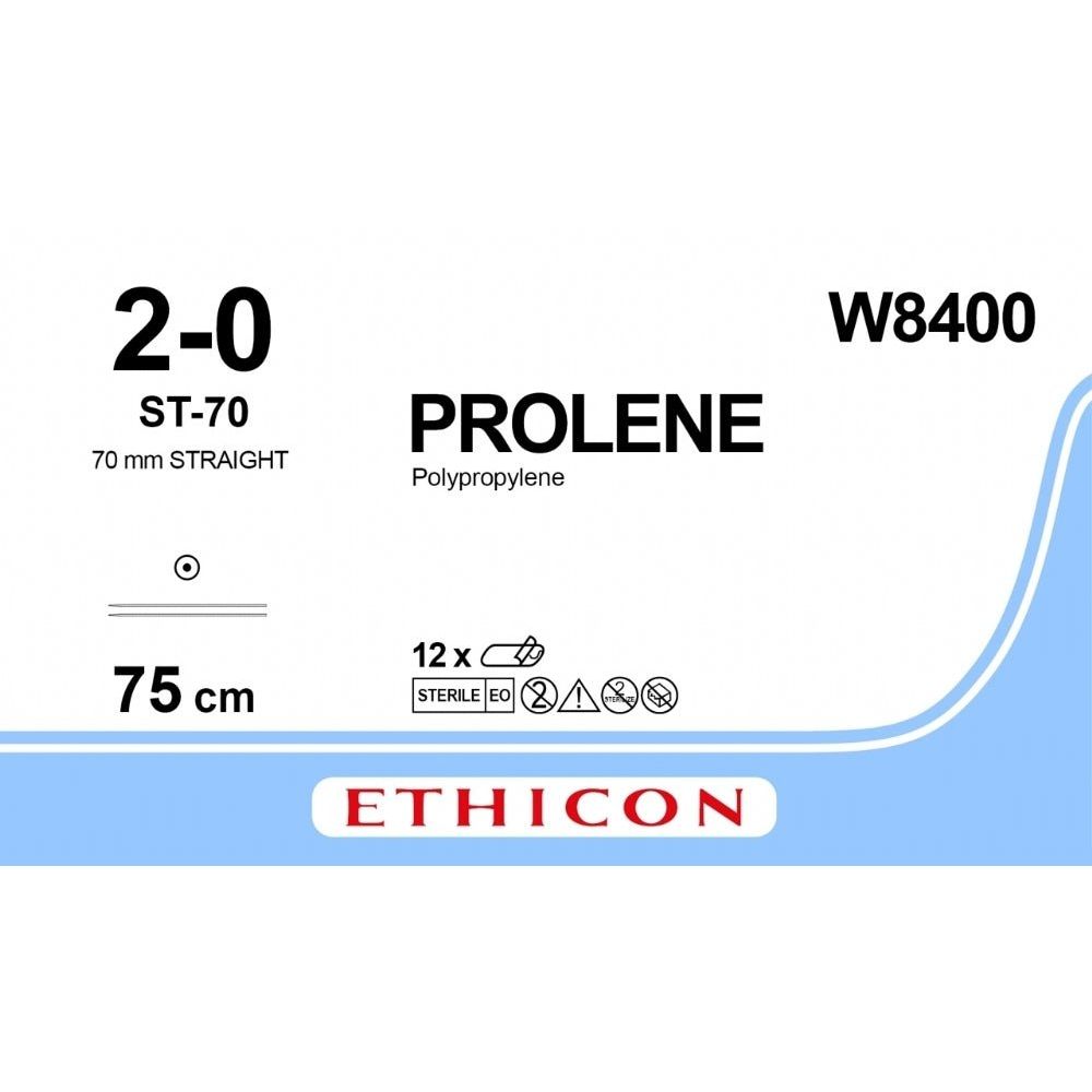 Ethicon PROLENE Polypropylene Blue Non - Absorbable Surgical Suture USP 2 - 0 75 cm ST - 70 Taper Point Needle W8400 (Box of 12) - W8400