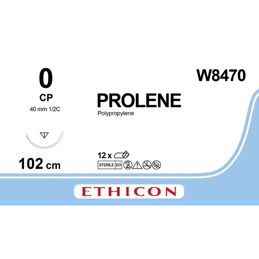 Ethicon PROLENE Polypropylene Blue Non - Absorbable Veterinary Surgical Suture USP 0 100 cm CP Reverse Cutting Needle (40 mm) W8470 (Box of 12) - W8470