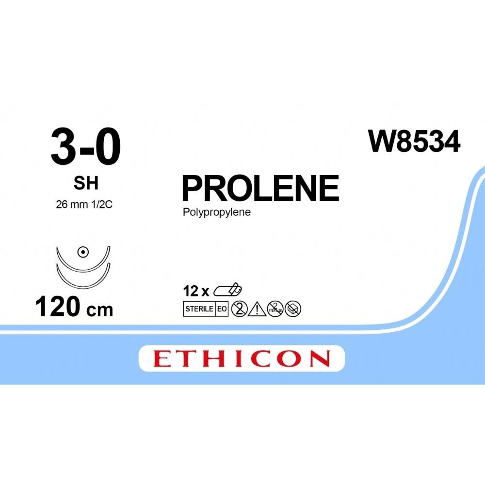 Ethicon PROLENE Polypropylene Blue Non - Absorbable Surgical Suture USP 3 - 0 120 cm Double - Armed SH Taper Point Needles (26 mm) W8534 (Box of 12) - W8534