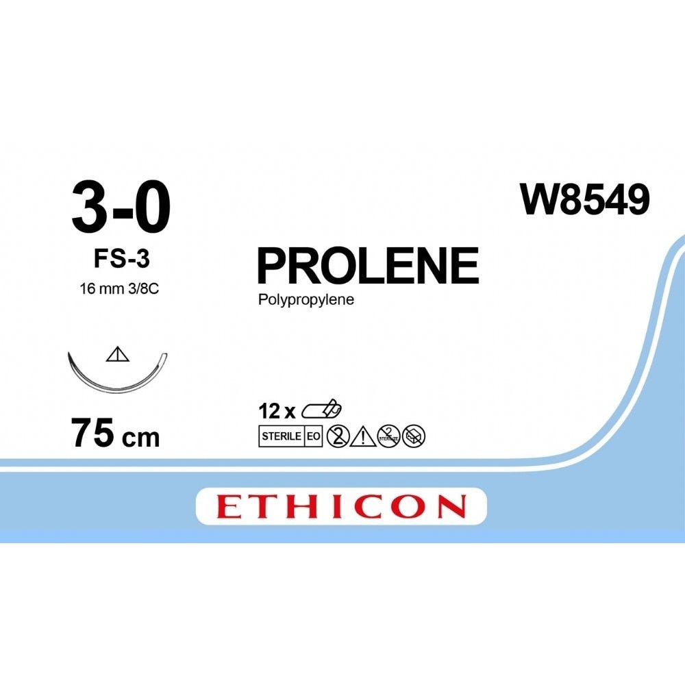 Ethicon PROLENE Polypropylene Blue Non - Absorbable Surgical Suture USP 3 - 0 75 cm FS - 3 Conventional Cutting Needle (16 mm) W8549 (Box of 12) - W8549