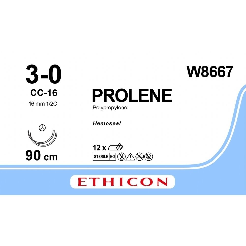 Ethicon PROLENE with HEMOSEAL Technology Polypropylene Blue Non - Absorbable Surgical Suture USP 3 - 0 90 cm Double - Armed CC - 16 TAPERCUT CC Needles (16 mm) W8667 (Box of 12) - W8667