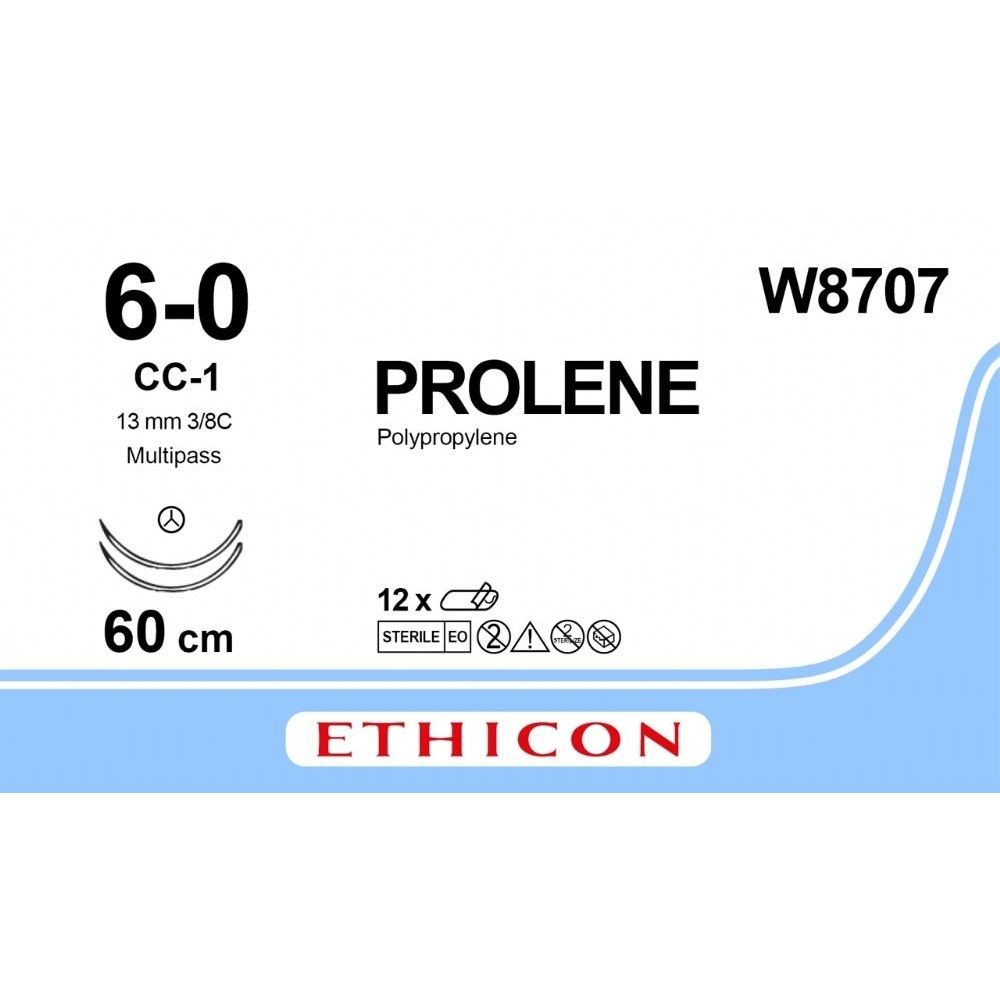 Ethicon PROLENE Polypropylene Blue Non - Absorbable Microsurgical Suture USP 6 - 0 60 cm Double - Armed CC - 1 MULTIPASS TAPERCUT CC Needles (13 mm) W8707 (Box of 12) - W8707