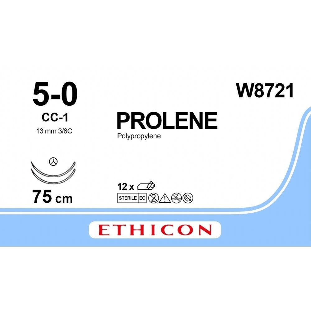 Ethicon PROLENE Polypropylene Blue Non - Absorbable Surgical Suture USP 5 - 0 75 cm Double - Armed CC - 1 TAPERCUT CC Needles (13 mm) W8721 (Box of 12) - W8721
