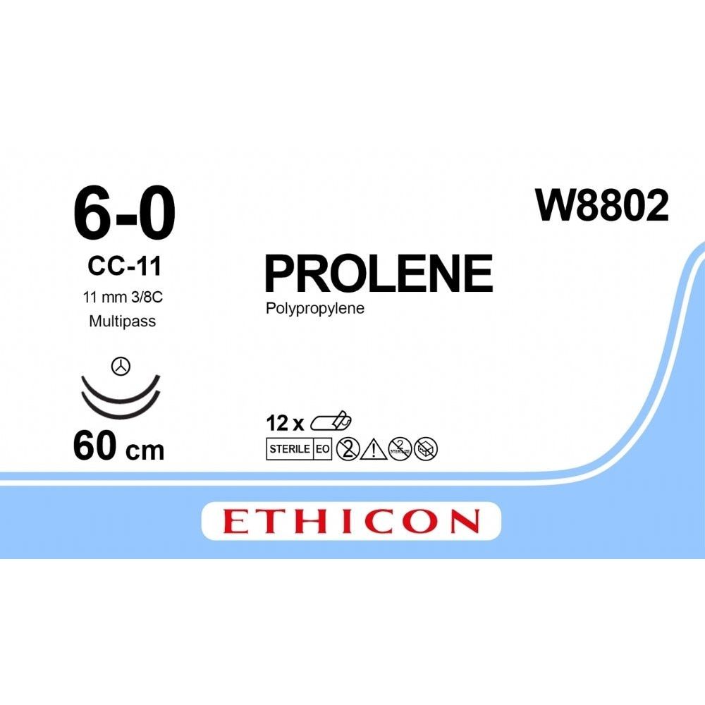Ethicon PROLENE Polypropylene Blue Non - Absorbable Microsurgical Suture USP 6 - 0 60 cm Double - Armed CC - 11 MULTIPASS TAPERCUT CC Needles (11 mm) W8802 (Box of 12) - W8802