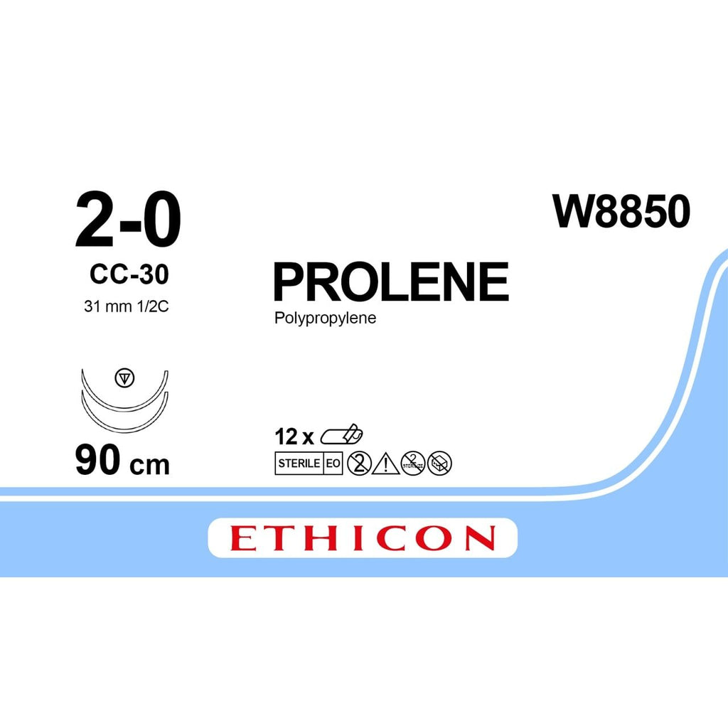 Ethicon PROLENE Polypropylene Blue Non - Absorbable Surgical Suture – USP 2 - 0 – 90 cm – Double - Armed CC - 30 TAPERCUT® Needles (31 mm) – W8850 (Box of 12) - SutureW8850