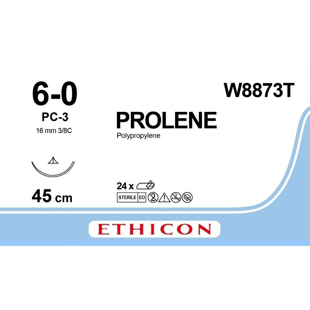 Ethicon PROLENE Polypropylene Blue Non - Absorbable Surgical Suture USP 6 - 0 45 cm PC - 3 PRIME Conventional Cutting Needle (16 mm) W8873T (Box of 24) - W8873T