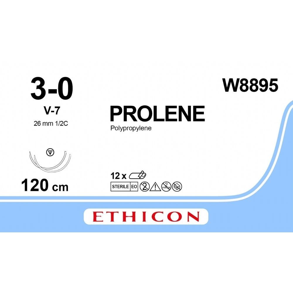 Ethicon PROLENE Polypropylene Blue Non - Absorbable Surgical Suture USP 3 - 0 120 cm V - 7 Tapercut Needle (26 mm) W8895 (Box of 12) - W8895