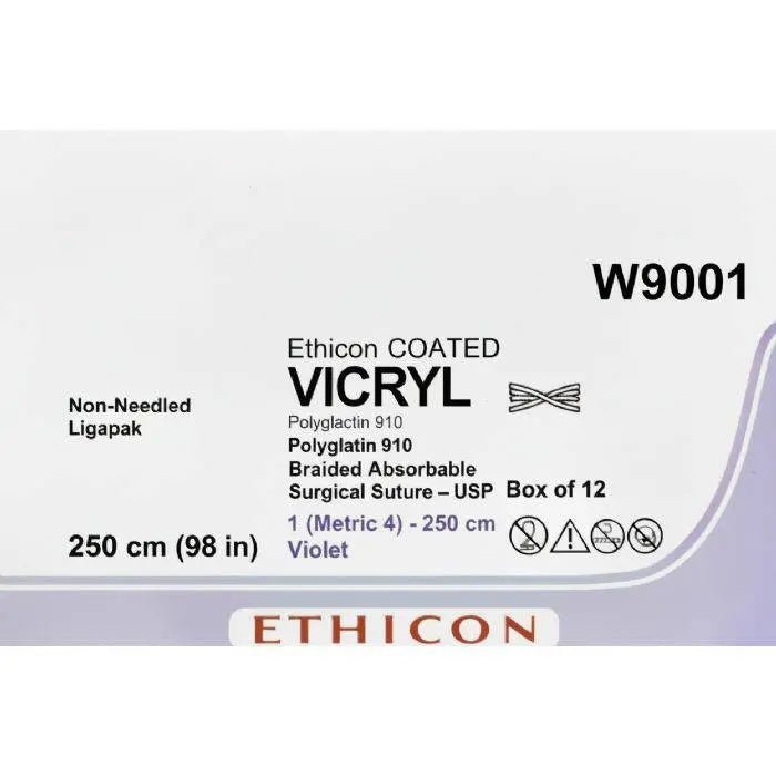 Ethicon VICRYL Polyglactin 910 Braided Absorbable Surgical Suture – USP 1 – 250 cm (98 in) – Violet – Non - Needled Ligapak – W9001 (Box of 12) Size: 1 Colour: Violet Style: Non - needled (Ligapak) - W9001