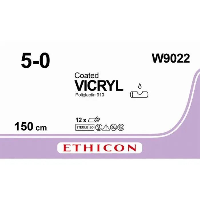 Ethicon VICRYL Coated Polyglactin 910 Braided Absorbable Surgical Suture – USP 5 - 0 – 150 cm – Violet – Unarmed / Ligature – W9022 (Box of 12) Size: 5 - 0 Colour: Violet Style: NA - W9022