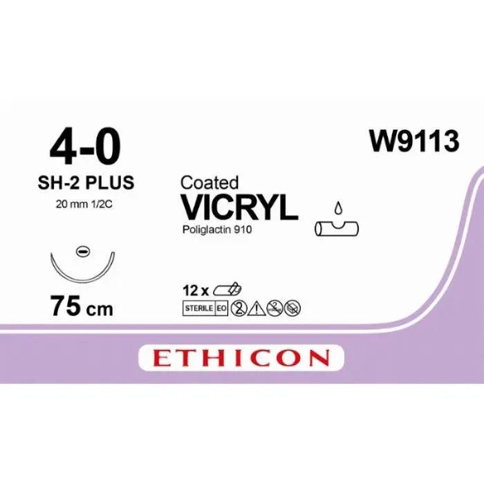 Ethicon VICRYL PLUS Polyglactin 910 Braided Absorbable Antibacterial Surgical Suture – USP 4 - 0 – 70 cm – Violet – Single - Armed Taper Point Plus Needle 22 mm, 1/2 Circle – W9113 (Box of 36) Size: 4 - 0 Colour: Violet Style: non cutting - W9113