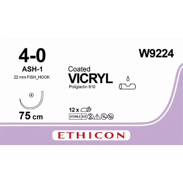 Ethicon VICRYL Coated Polyglactin 910 Braided Absorbable Surgical Suture – USP 4 - 0 – 75 cm – Violet – Single - Armed Taper Point Needle 22 mm, Fish Hook – W9224 (Box of 12) Size: 4 - 0 Colour: Violet Style: Taper Point - W9224