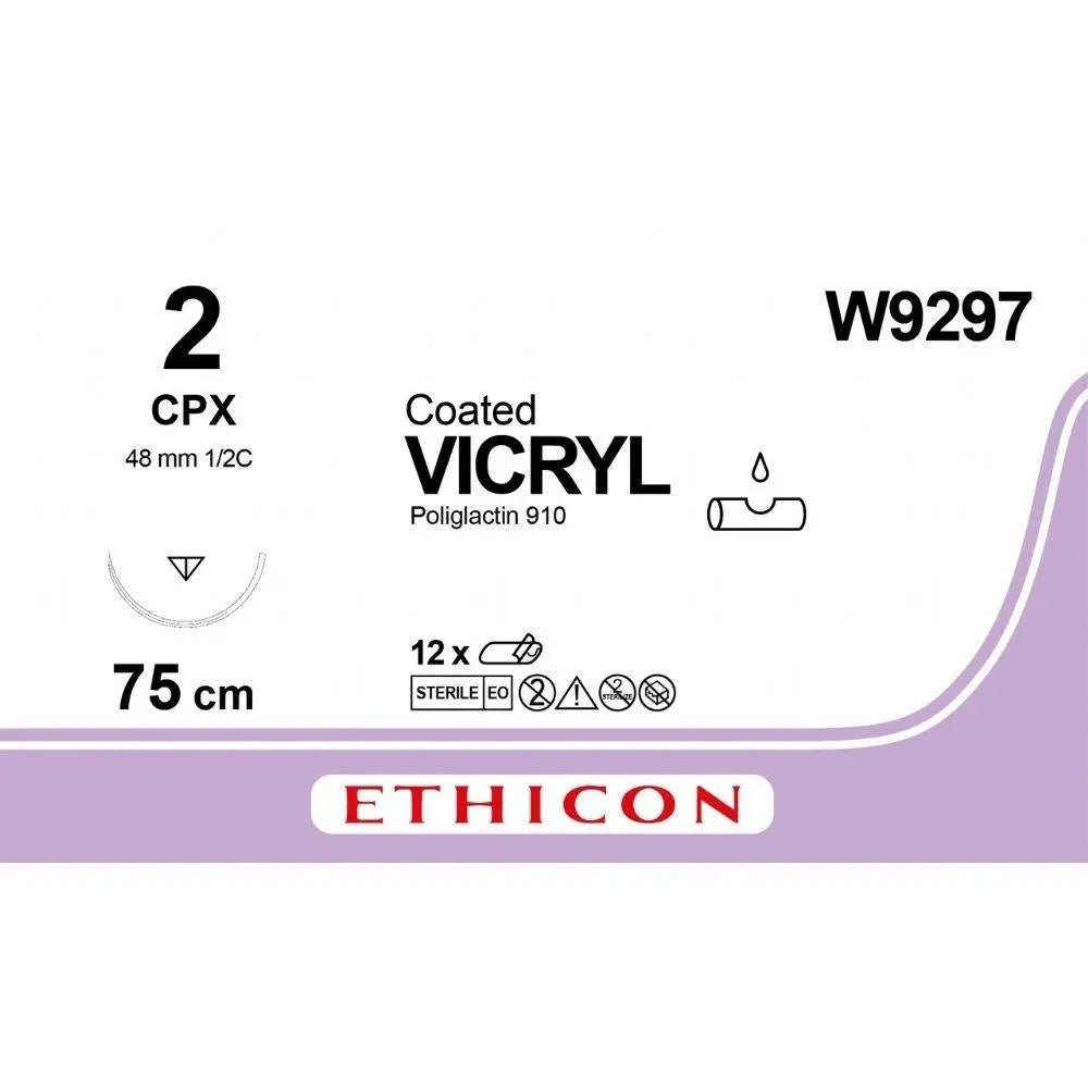 Ethicon VICRYL Polyglactin 910 Braided Absorbable Surgical Suture – USP 2 – 75 cm – Violet – Single - Armed Taper Point CPX Needle 48 mm, 1/2 Circle – W9297 (Box of 12) Size: 2 Colour: Violet Style: Taper Point CPX - Medical SutureW9297