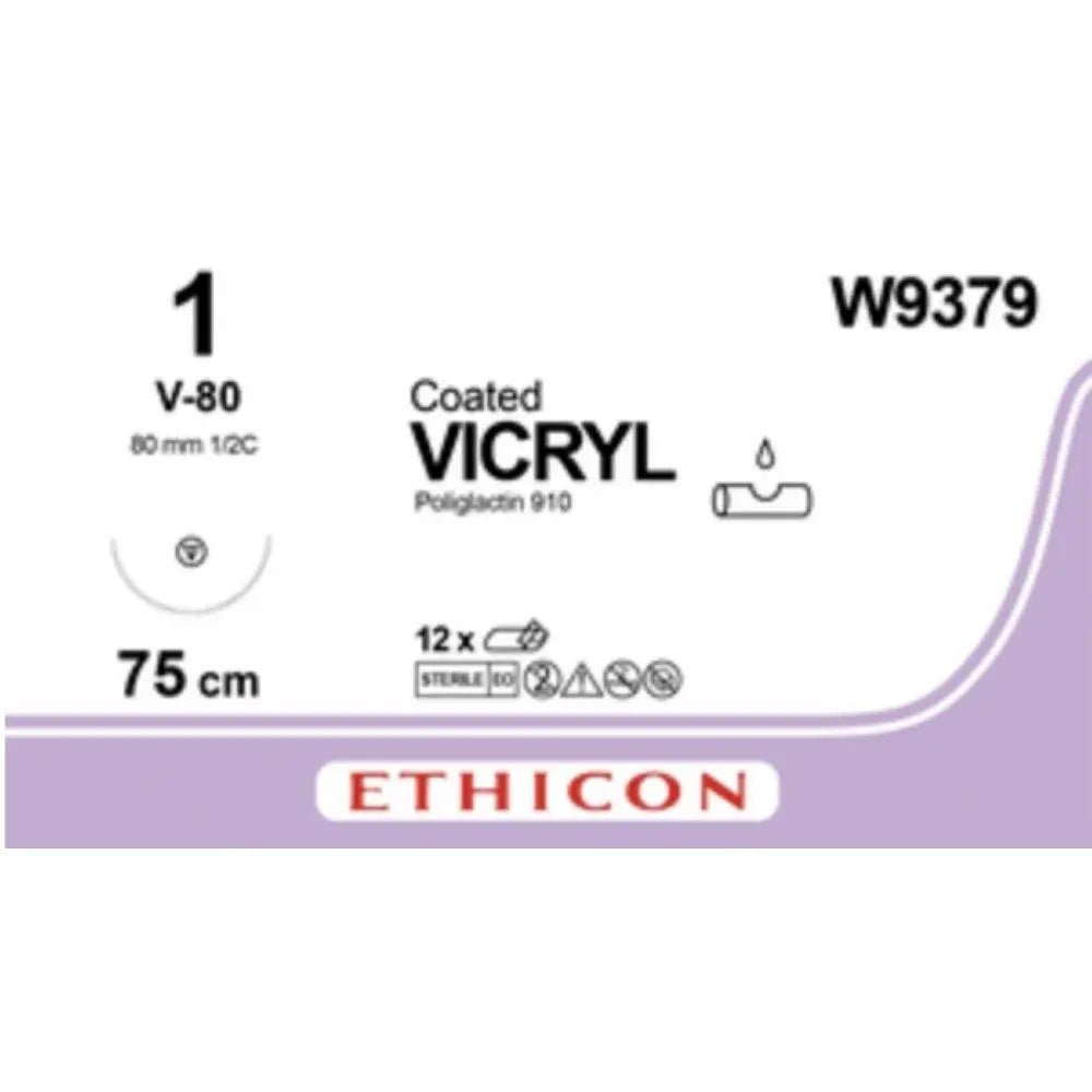 Ethicon VICRYL Polyglactin 910 Braided Absorbable Surgical Suture – USP 1 – 75 cm – Violet – Single - Armed Taper Point V - 80 Needle 48 mm, 1/2 Circle – W9379 (Box of 12) Size: 1 Colour: Violet Style: Taper Point V - 80 - SutureW9379