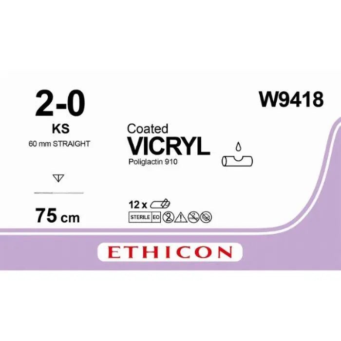 Ethicon VICRYL Polyglactin 910 Braided Absorbable Surgical Suture – USP 2 - 0 – 75 cm – Violet – Single - Armed Reverse Cutting Needle 60 mm, Straight – W9418 (Box of 12) Size: 2 - 0 Colour: Violet Style: Reverse cutting - W9418