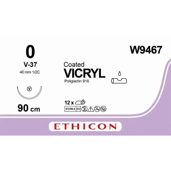 Ethicon VICRYL PLUS Polyglactin 910 Braided Absorbable Antibacterial Surgical Suture – USP 0 – 90 cm – Violet – Single - Armed Tapercut Needle 36 mm, 1/2 Circle – W9467 (Box of 36) Size: 0 Colour: Violet Style: non cutting - W9467