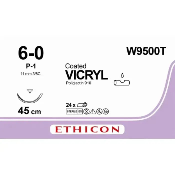 Ethicon VICRYL Polyglactin 910 Braided Absorbable Surgical Suture – USP 6 - 0 – 45 cm – Undyed – Single - Armed Reverse Cutting Prime Needle 11 mm, 3/8 Circle – W9500T (Box of 24) Size: 6 - 0 Colour: Undyed Style: cutting - W9500T