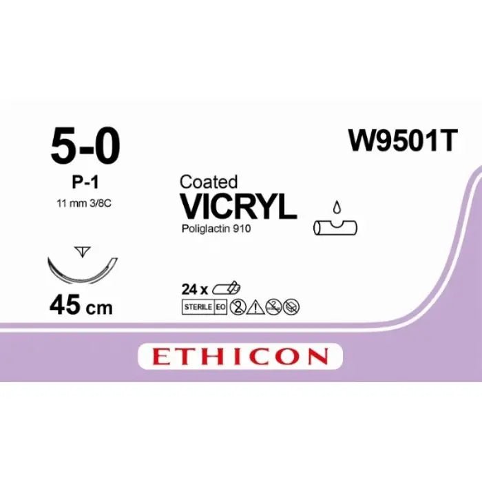 Ethicon VICRYL PLUS Polyglactin 910 Braided Absorbable Antibacterial Surgical Suture – USP 5 - 0 – 45 cm – Undyed – Single - Armed Reverse Cutting Prime Needle 13 mm, 3/8 Circle – W9501T (Box of 36) Size: 5 - 0 Colour: Undyed Style: cutting - W9501T