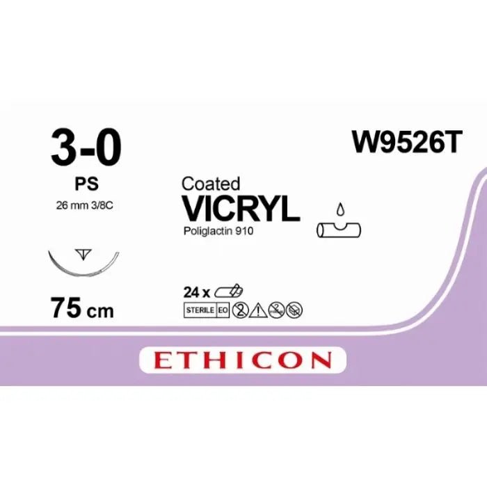 Ethicon VICRYL PLUS Polyglactin 910 Braided Absorbable Antibacterial Surgical Suture – USP 3 - 0 – 70 cm – Undyed – Single - Armed Conventional Cutting PC Needle 26 mm, 3/8 Circle – W9526T (Box of 36) Size: 3 - 0 Colour: Undyed - W9526T