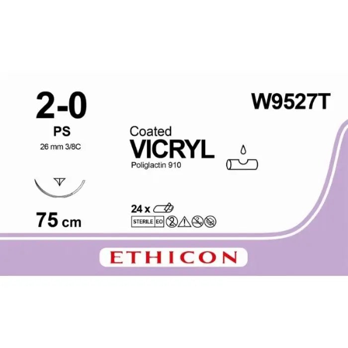 Ethicon VICRYL PLUS Polyglactin 910 Braided Absorbable Antibacterial Surgical Suture – USP 2 - 0 – 70 cm – Undyed – Single - Armed Conventional Cutting PC Needle 26 mm, 3/8 Circle – W9527T (Box of 36) Size: 2 - 0 Colour: Undyed Style: cutting - W9527T