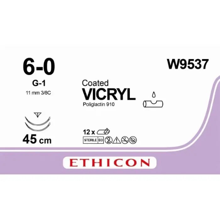 Ethicon VICRYL Coated Polyglactin 910 Braided Absorbable Surgical Suture – USP 6 - 0 – 45 cm – Violet – Double - Armed Reverse Cutting Prime Needles 11 mm, 3/8 Circle – W9537 (Box of 12) Size: 6 - 0 Colour: Violet Style: cutting - W9537
