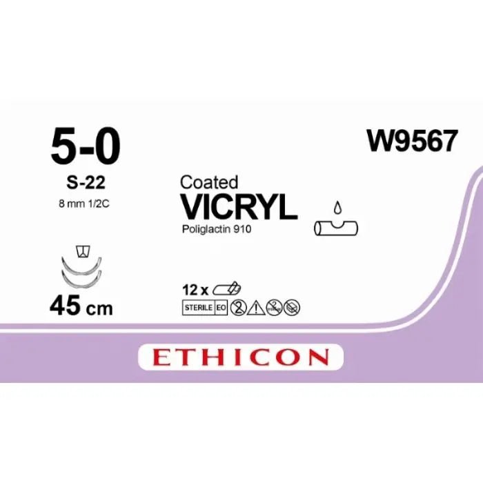 Ethicon VICRYL Coated Polyglactin 910 Braided Absorbable Surgical Suture – USP 5 - 0 – 45 cm – Violet – Double - Armed Reverse Spatula Needles 8 mm, 1/2 Circle – W9567 (Box of 12) Size: 5 - 0 Colour: Violet Style: cutting - W9567