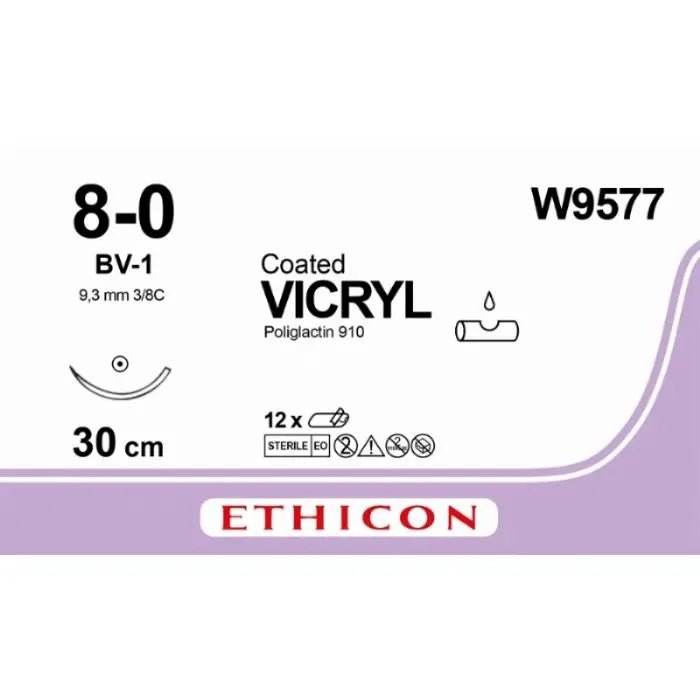Ethicon VICRYL Coated Polyglactin 910 Braided Absorbable Surgical Suture – USP 8 - 0 – 30 cm – Violet – Single - Armed Taper Point Needle 9.3 mm, 3/8 Circle – W9577 (Box of 12) Size: 8 - 0 Colour: Violet Style: Taper Point - W9577
